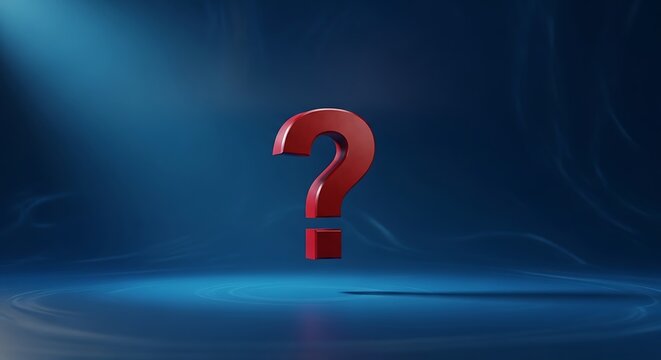 A large red question mark stands alone in a dark blue spotlight