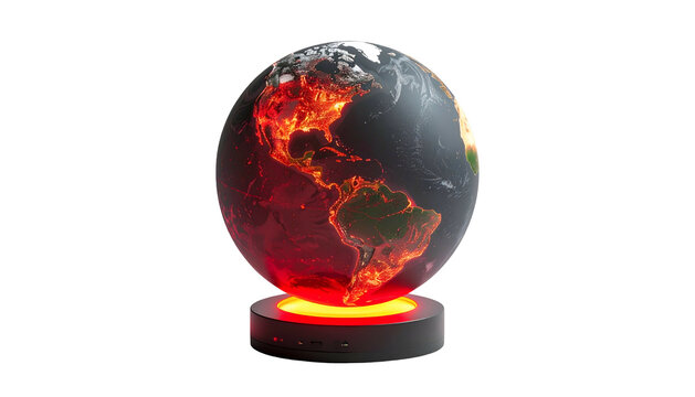 A digital rendering depicting a glowing, fiery globe hovering above a circular base against a black backdrop, showcasing a world map
