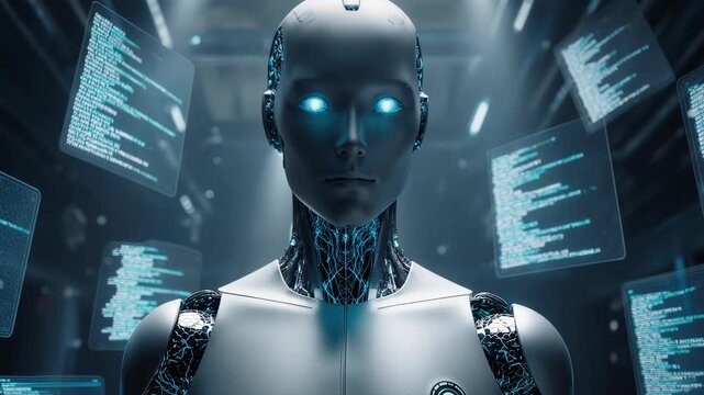 Futuristic AI Humanoid Robot with Neural Network and Digital Data Code