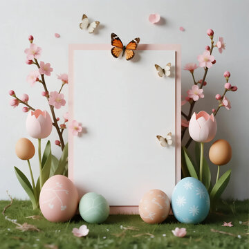 Blank vertical card mockup with Easter eggs, cherry blossoms, and monarch butterflies on green grass, 3D render spring stationery background