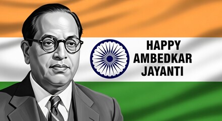 A black and white sketch of Dr. B.R. Ambedkar with 