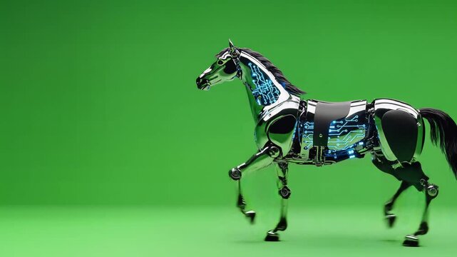Futuristic Mechanical Horse Model on Green Screen Background.