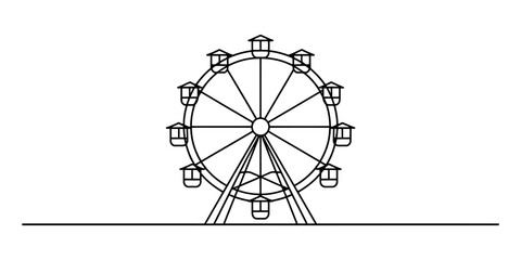 Simple black and white line drawing of a classic ferris wheel icon on a white background Vector, illustration © Badhon_Art Gallery
