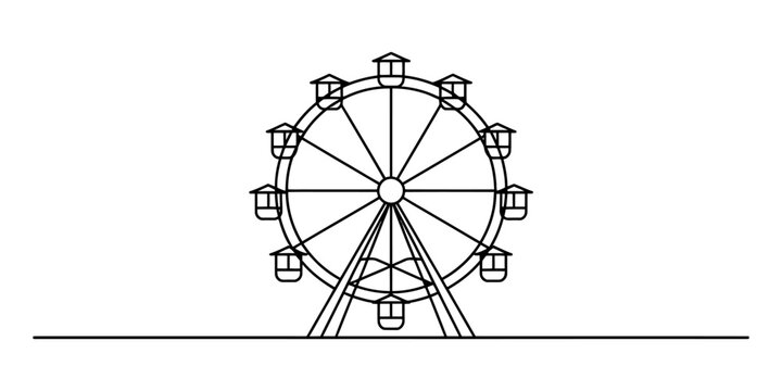Simple black and white line drawing of a classic ferris wheel icon on a white background Vector, illustration