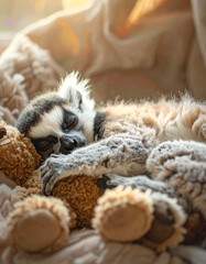 Cute Baby Ring-tailed Lemur Resting on Teddy Bear ぬいぐるみで休むワオキツネザルの赤ちゃん