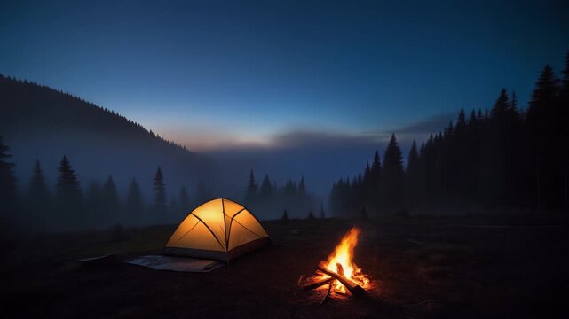 Morning Mist Rolling Through Dark Pine Valley at Dawn with Single Glowing Tent - Nature Landscape