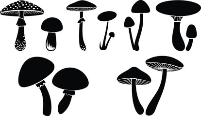 Black silhouettes of tactical soldiers, forest wildlife, African safari animals, and botanical mushroom sketches, CAD drawing flat vector illustration isolated on white background © ShreeBani