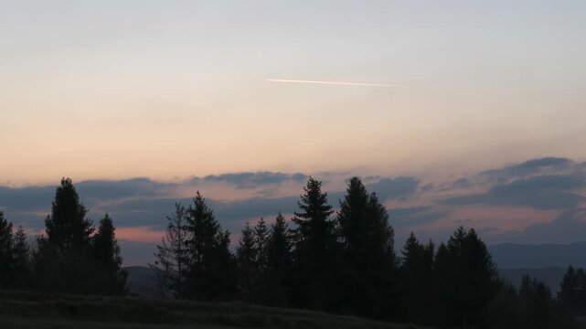 Airplane contrail flying across sunset sky above forest