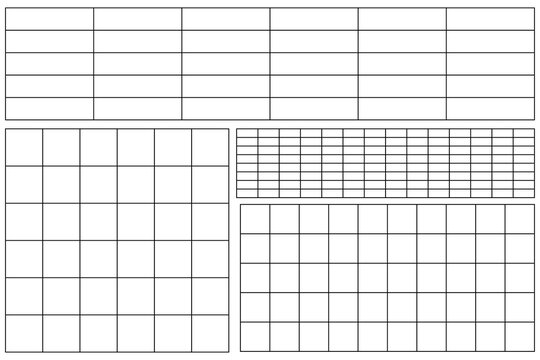 Blank table grid layout set isolated ontransparent background. Clean spreadsheet and worksheet template for data entry, report design, document formatting, and business presentation use.

