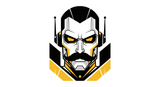 Stylized robot head illustration with mustache and geometric design