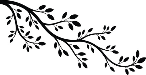 Black tree branch silhouette with small leaves, elegant botanical nature vector illustration isolated on white background design © Maloti Creative