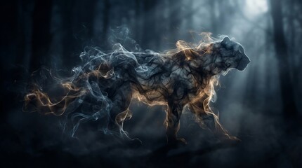 Fototapeta premium Mysterious wolf made of swirling smoke in dark forest