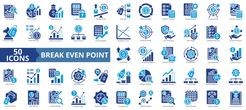 break-even point icon set flat style illustration. containing cost analysis, profit margin, sales revenue, financial planning, business model, investment return, income statement, cash flow
