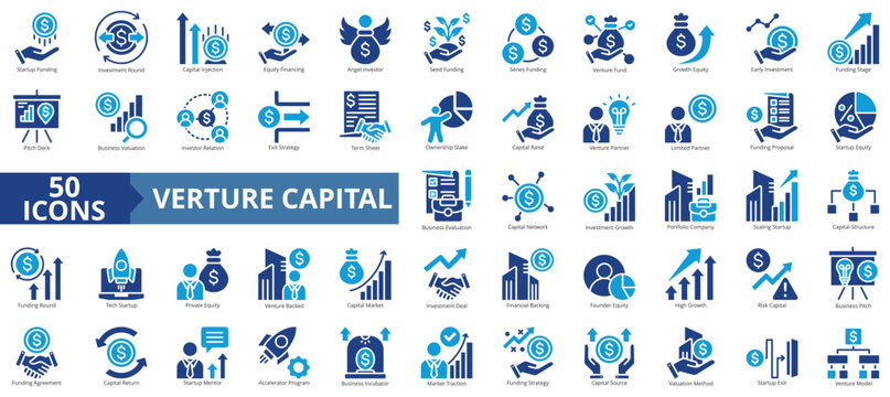 venture capital icon set flat style illustration. containing investor relations, angel investor, accelerator program, ownership stake, limited partner, investment round, capital injection