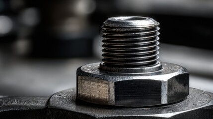 Close-Up of a Metallic Bolt and Nut in Industrial Setting