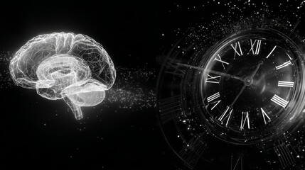 Black and white sci-fi illustration, glowing white wireframe brain floating futuristic clock