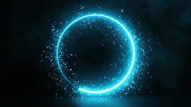 A futuristic blue neon circle glowing and dissolving into particles