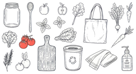 Hand-drawn sketch of various kitchen and grocery items for sustainable living. © Wita