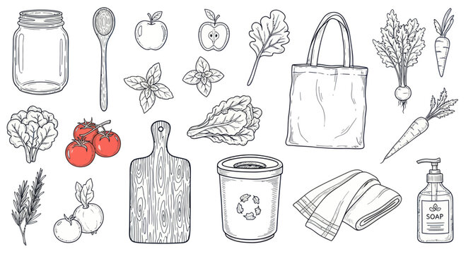 Hand-drawn sketch of various kitchen and grocery items for sustainable living.