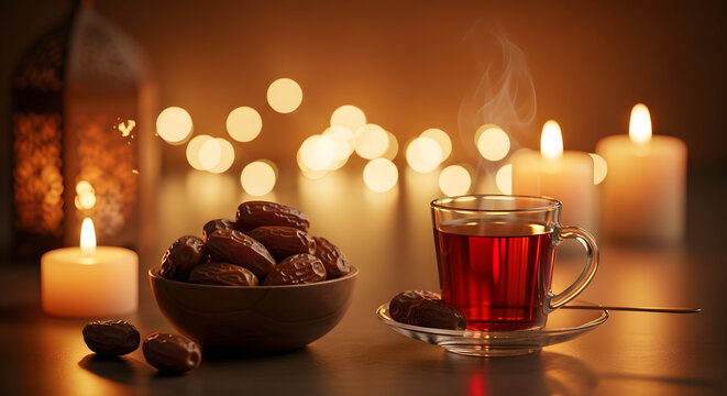 Ramadan Iftar Concept with Dates and Hot Tea Cup Candlelight Background Warm Islamic Evening Atmosphere