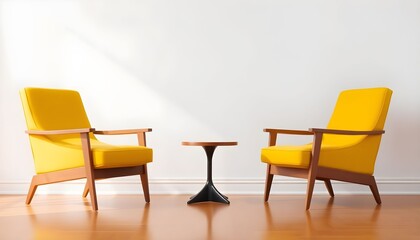 Fototapeta premium Two yellow armchairs and a small table sit on a wooden floor indoors.