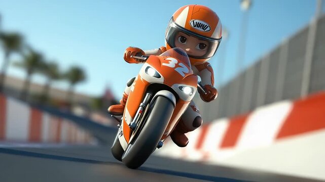 cartoon style motorsport rider racing motorcycle on track with vibrant colors and dynamic motion in playful illustration design