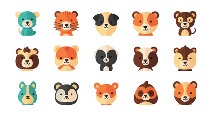 Fototapeta premium Cartoon animal faces collection in a flat design style against a white backdrop