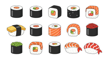 Cartoon sushi collection various types isolated on white background © Geovani