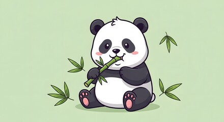 Naklejka premium Cute cartoon panda eating bamboo on a light green background