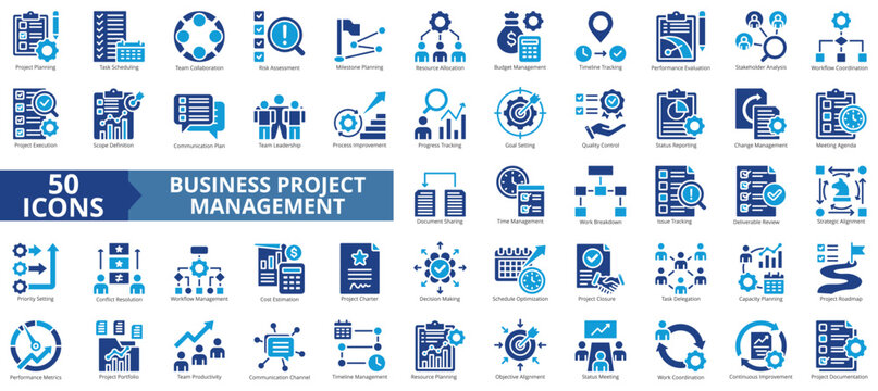 business project management icon set flat style illustration. containing project closure, objective alignment, deliverable review, document sharing, work breakdown, meeting agenda, priority setting
