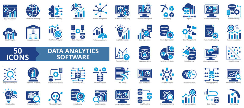 data analytics software icon set flat style illustration. containing insight generation, statistical computing, pattern recognition, forecast modeling, information retrieval, regression analysis