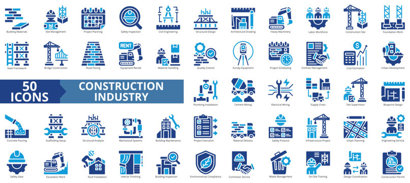 construction industry icon set flat style illustration. containing site management, design coordination, project planning, civil engineering, safety inspection, survey equipment, cost estimation