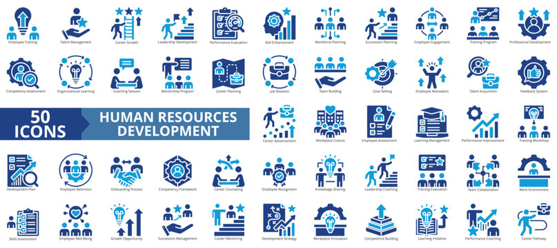 human resources development hrd icon set flat style illustration. containing feedback system, professional development, career pathway, learning initiative, competence building, work environment