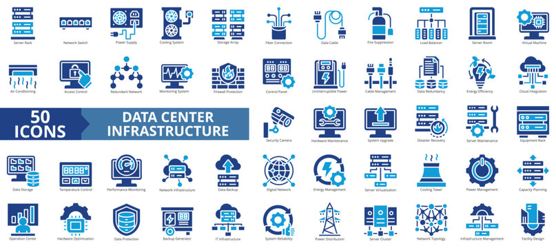 data center infrastructure icon set flat style illustration. containing server room, facility design, firewall protection, hardware maintenance, security camera, system upgrade, disaster recovery