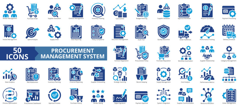 procurement management system icon set flat illustration. contain strategic sourcing, record keeping, digital signature, supply chain, request quotation, audit trail, delivery schedule, rating