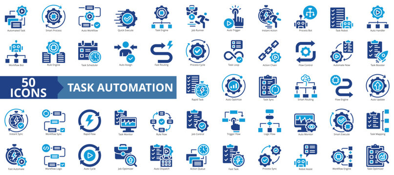 task automation icon set flat style illustration. containing automated task, smart process, flow control, automate now, workflow logic, robot assist, instant sync, auto assign, job runner