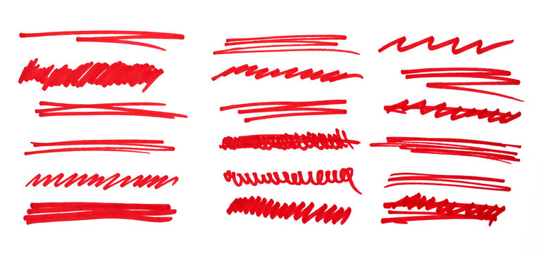 Red marker underline brush stroke set. Marker red pen highlights squiggle stroke.