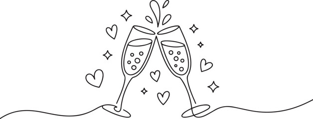 Fototapeta premium Cheers toast festive decoration for holidays, romantic Valentine's Day design. one line art icon drawing vector