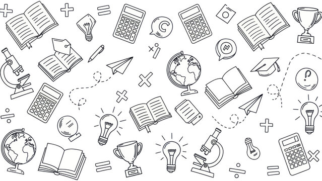 Hand drawn education and science doodles seamless pattern background.