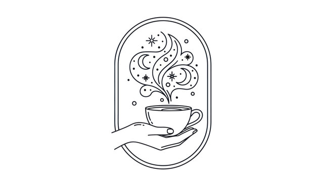 Hand holding a magical cup with celestial steam, line art illustration.