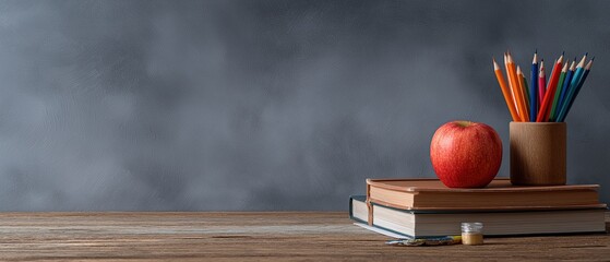 Red Apple and Pencils in Holder on Top of Books Against Grey Blackboard Background, Minimalist Education Concept Symbolizing Teacher Appreciation and Healthy Learning Habits