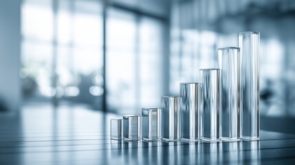 Ascending Growth Bar Chart Made of Transparent Glass Blocks on a Reflective Surface Representing Financial Success, Business Progress and Economic Recovery