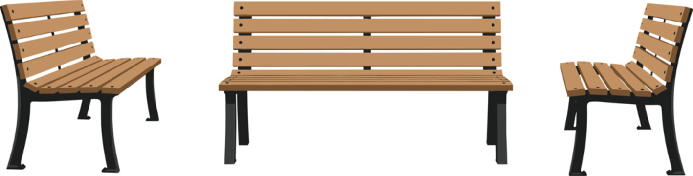 Wooden park bench illustration set showing front and side views of outdoor seating furniture in realistic flat vector style