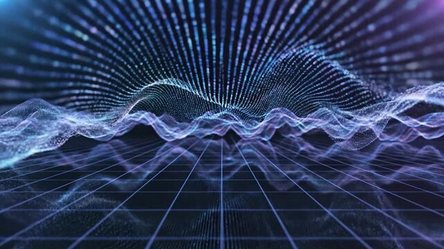 Dynamic digital landscape with flowing particle waves and grid background