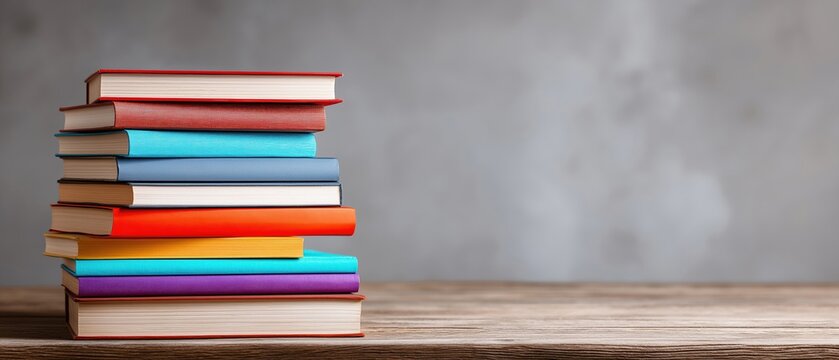 Neat Stack of Colorful Multi-Colored Hardcover Books on a Wooden Surface Against a Minimalist Gray Background, Concept for School Curriculum Diversity in Reading and Modern Education
