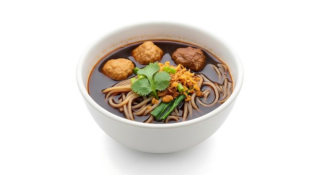 Authentic Kuay Teow Reua dark broth isolated close-up studio shot.