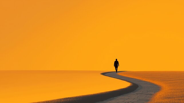 Silhouette of a man walking alone on a winding path toward a bright orange horizon, conceptual image for the journey of life, career path, future goals and personal discovery at sunset.
