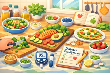 Vector Illustration of Home Cooked Meal Preparation with Diabetes Friendly Recipes Soft Gradients Cheerful Style 