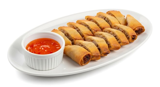 Crispy Poh Pia Tod served with sweet chili sauce isolated on white.