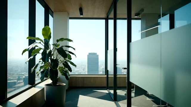 Eco office design promoting a bright modern professional workspace with a lush green plant abundant natural light and expansive city views.